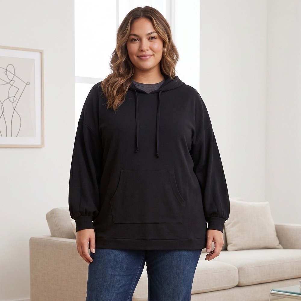 Lane Bryant Hoodie 26/28 Black Knit Pullover Relaxed Fit Long Sleeve Sweatshirt